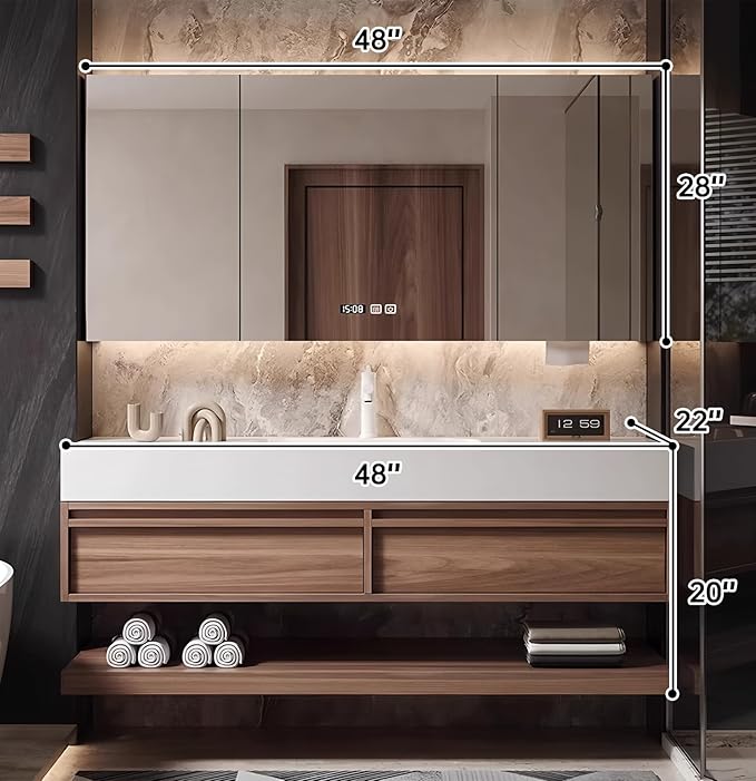 48" Bathroom Vanity, Floating Bathroom Vanity with Sink, Solid Wood Vanities with Smart Defogging Mirror Cabinet, Slate Countertop and Faucet, Wall Mount Bath Furniture Cabinet with Drawers (Walnut)