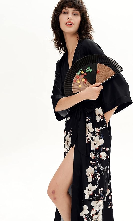PRODESIGN Kimono Robe for Women - Long Satin Sleepwear Silky Kimono Cover-Up Nightgown Japanese Bathrobe Loungewear Blouse