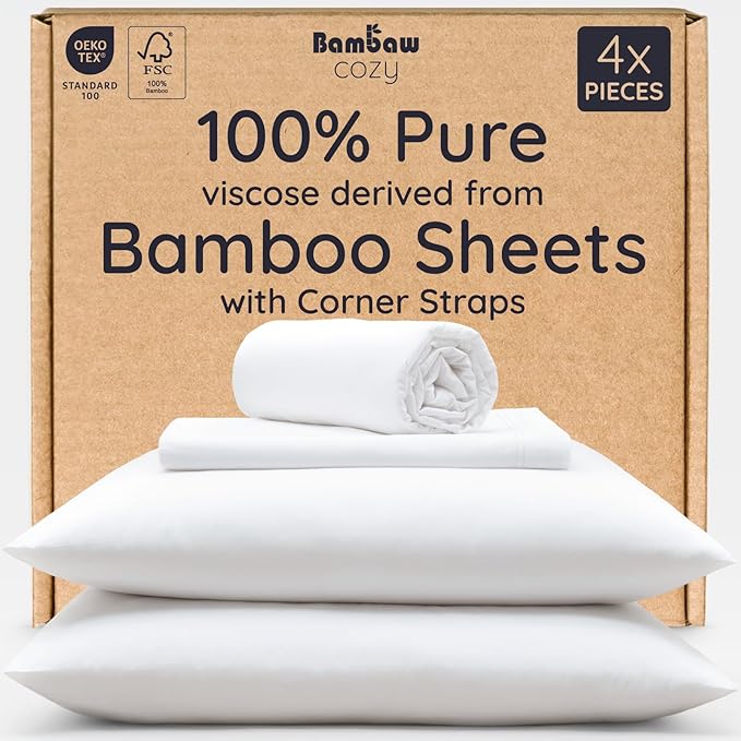 Bambaw 100% Viscose Derived from Bamboo Sheets California King Size – 4pcs Deep Pocket Cooling Sheets, Fits Up to 16'', Buttery Soft Bed Sheets, Luxury Bed Sheets California King Set (White)