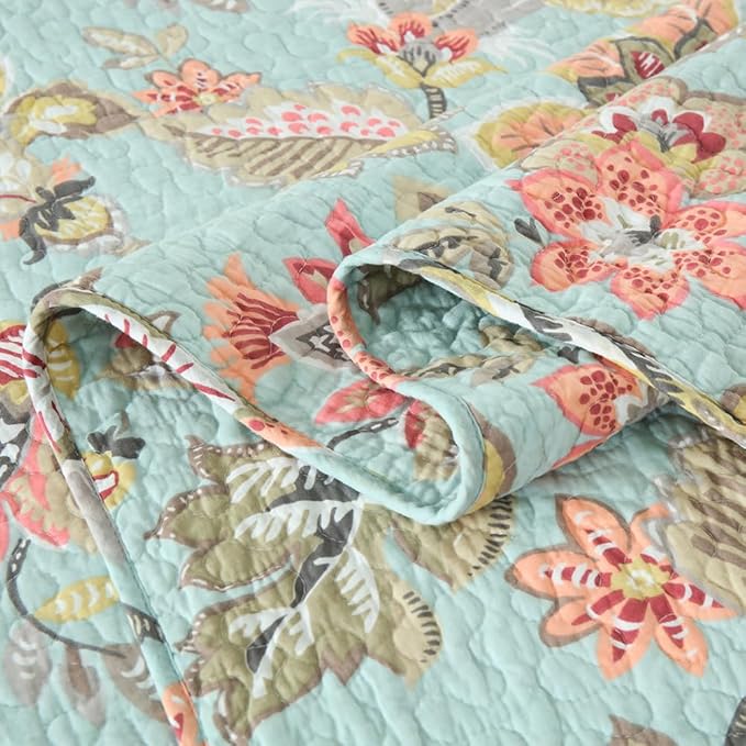 Cotton Bedspread Bedding Coverlet Quilt Sets, Reversible Vintage Branch Floral Bedspread comforters, (Vintage Floral Blue Pattern, Queen Size)