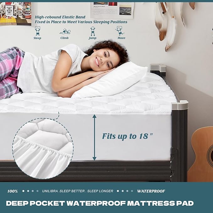 UNILIBRA Twin XL Mattress Protector Waterproof, Deep Pocket Mattress Pad Cover Up to 18 Inches, Quilted Fitted Hollow Cotton Filling Breathable Mattress Topper