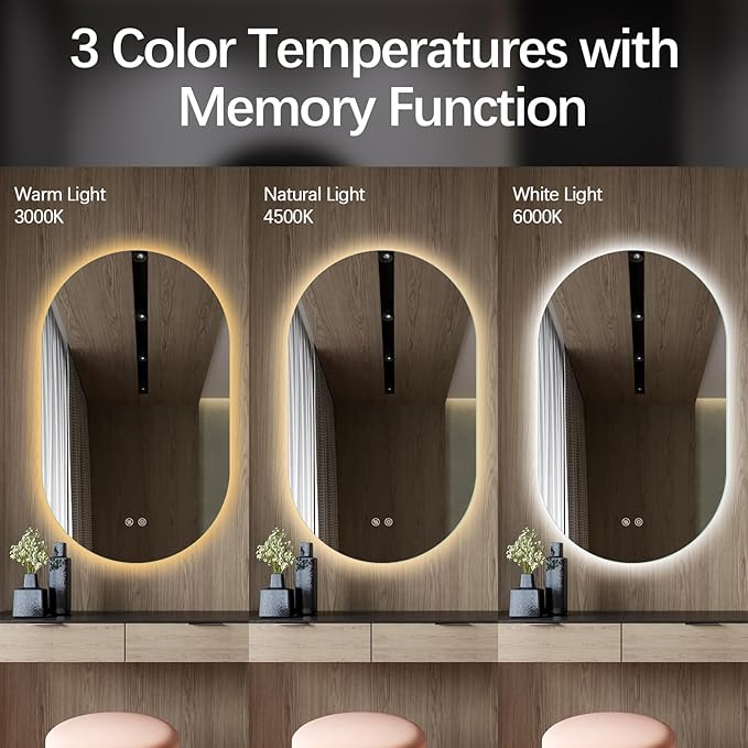 Niccy Oval LED Bathroom Vanity Mirror, 40x24inch Frameless Backlit Mirror with Light, Smart Anti-Fog Mirror with Memory Function Dimmable Lighted Mirror