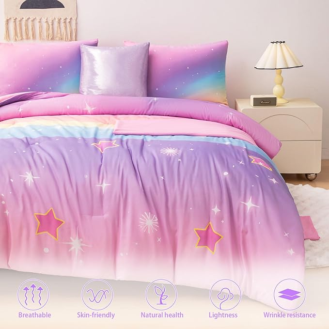 Rainbow Bedding Set Twin Size – 6-Piece Reversible Girls Comforter with Deep-Pocket Sheet, Gradient Galaxy Design, Whole-Piece Filling, Machine Washable Bed-in-a-Bag for Kids Room Makeover & Gifts