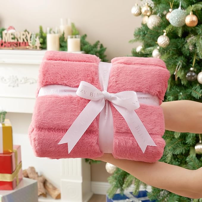Cozy Bliss Faux Fur Throw Blanket for Couch, Cozy Warm Plush Striped Blanket for Sofa Bedroom Living Room, 50 * 60 Inches Pink