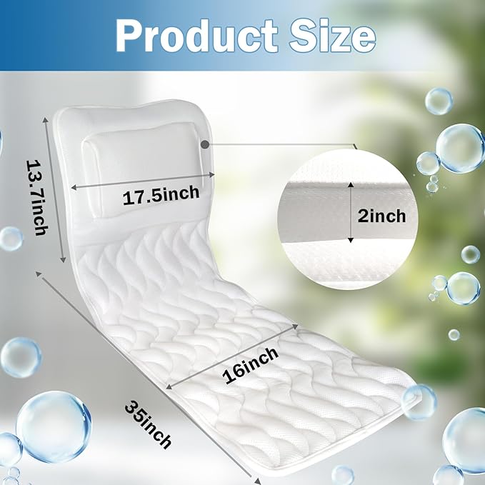 EMMTEEY Luxury Full Body Bath Pillow for Tub - Soft Bath Tub Pillows for Head and Neck Back & Lumbar Support, Non-Slip Bathtub Pillow for Relaxing Spa Gifts Bathtub Accessories