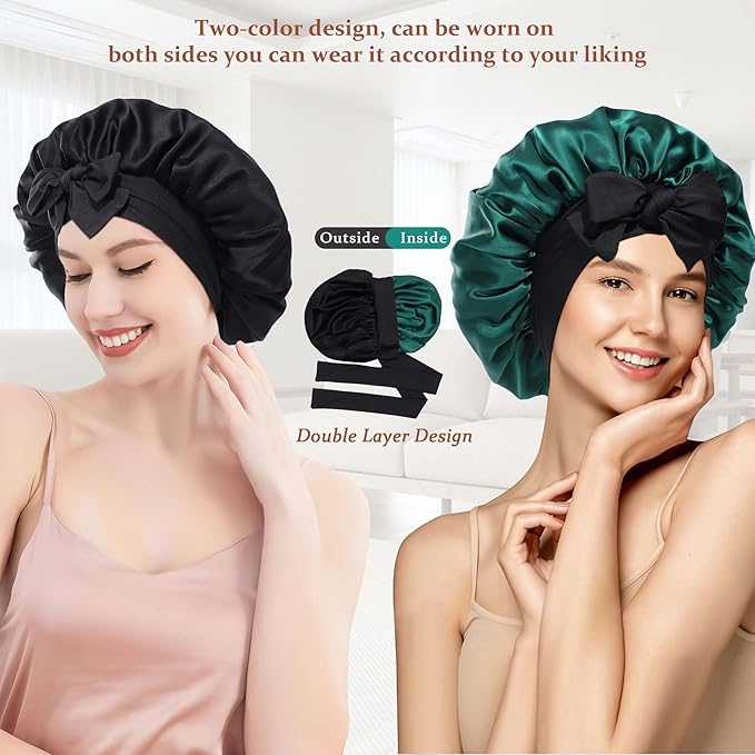 100% Mulberry Silk Bonnet for Sleeping Women Double Layer Silk Hair Bonnet Natural Silk Sleep Cap with Elastic Reversible Hair Wrap (Black+Green)