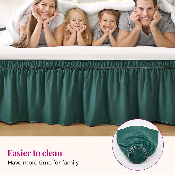 RIMELA Emerald Green Bed Skirt Queen Size 18 Inch Drop, Wrap Around Elastic Bedskirt, Dust Ruffle for Adjustable Bed Base Machine Washable Easy to Install Bed Skirts