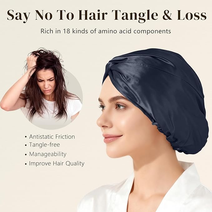 ZIMASILK 100% 22 Momme Mulberry Silk Bonnet for Sleeping Women, Breathable Silk Hair Wrap for Premium Hair Protection - Reducing Friction (1Pc, Navy)