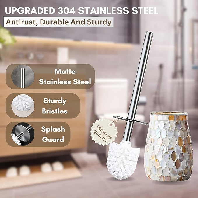Escenzy Modern Toilet Brush and Holder Set | Natural Shell Mosaic Glass | Non-Rustic Stainless Steel | Practical & Decorative Toilet Bowl Brush and Holder | Luxury Bathroom Accessories