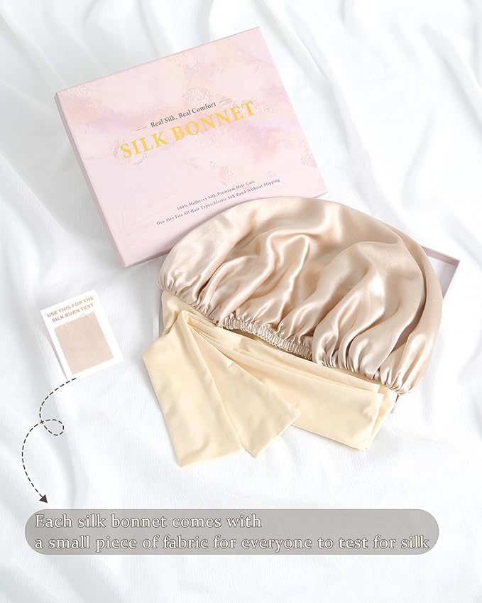 100% Mulberry Silk Bonnet for Sleeping Women Double Layer Silk Hair Bonnet Natural Silk Sleep Cap with Elastic Reversible Hair Wrap (Champagne+Beige)
