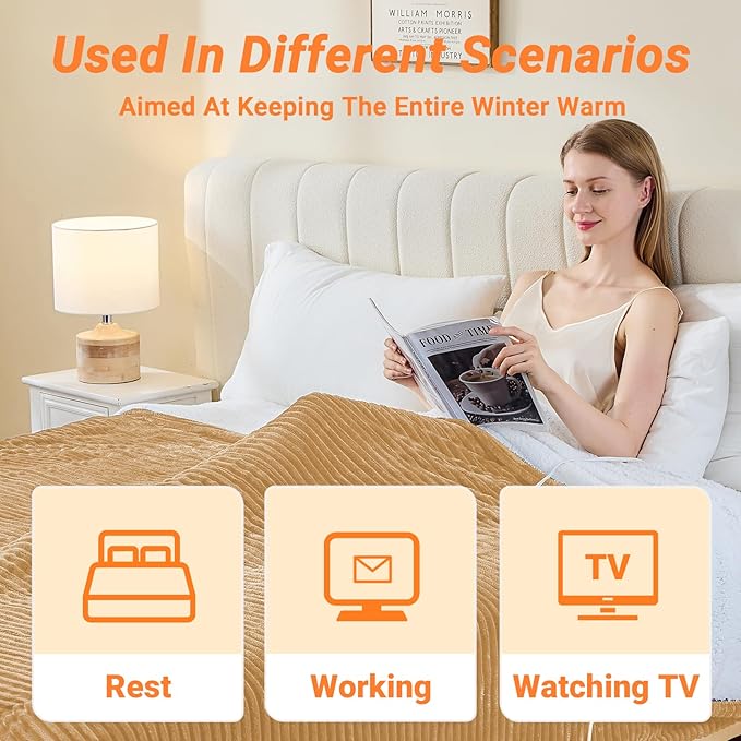 Heated Blanket Electric Full, Soft Flannel Heating Blanket with 8 Hours Auto Off 10 Fast Heating Levels Machine Washable Sherpa Heated Blanket with Overheating Protection
