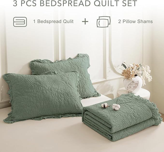 QSH 3PCs Stonewashed Cotton Quilt King (110"x98"),Olive Green Ruffle Quilt King Size Bedding Set,Ultra Lightweight Soft Crinkled Bedspread Coverlet King Shabby Farmhouse Chic Bedding for All Seasons