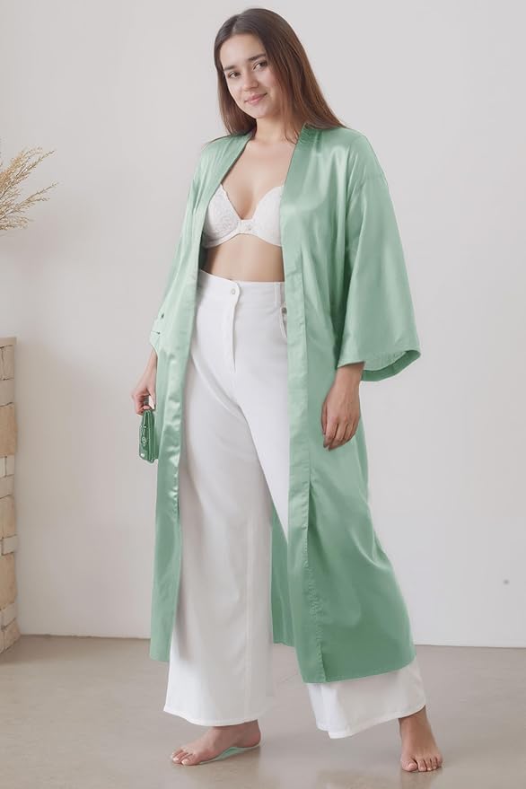 PRODESIGN Satin Kimono Robe Women Long Silky Kimono Bathrobe Sleepwear Wedding Bridesmaid Robe