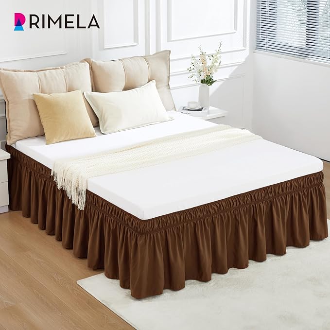 RIMELA Bed Skirt Queen Size 15 Inch Drop, Elastic Bed Skirting for Bed Base and Frame, Bedding Dust Ruffle Easy to Install, Wrap Around Adjustable Bedskirt, Chocolate Brown