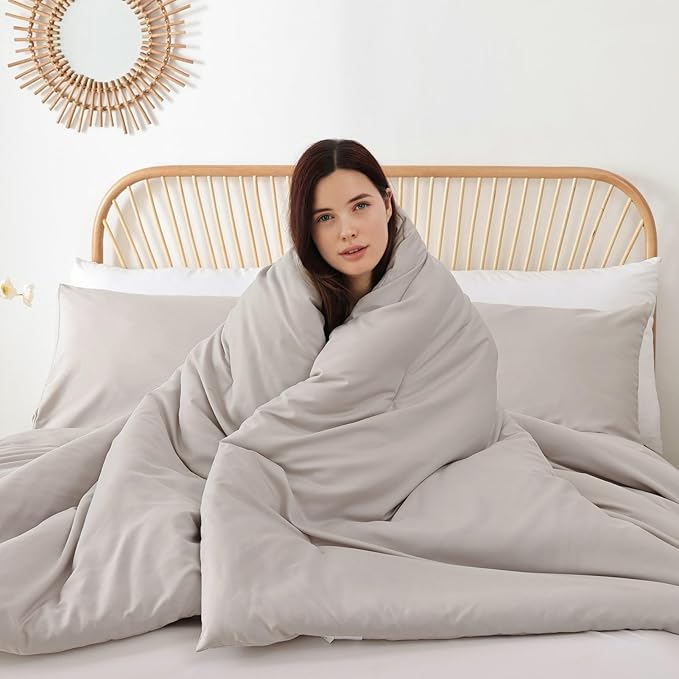 ROSGONIA Comforter Full Size for Girls Boys Teens Linen Grey, 3pcs (1 Gray Comforter & 2 Pillowcases) Lightweight Dorm Bedding Full Size