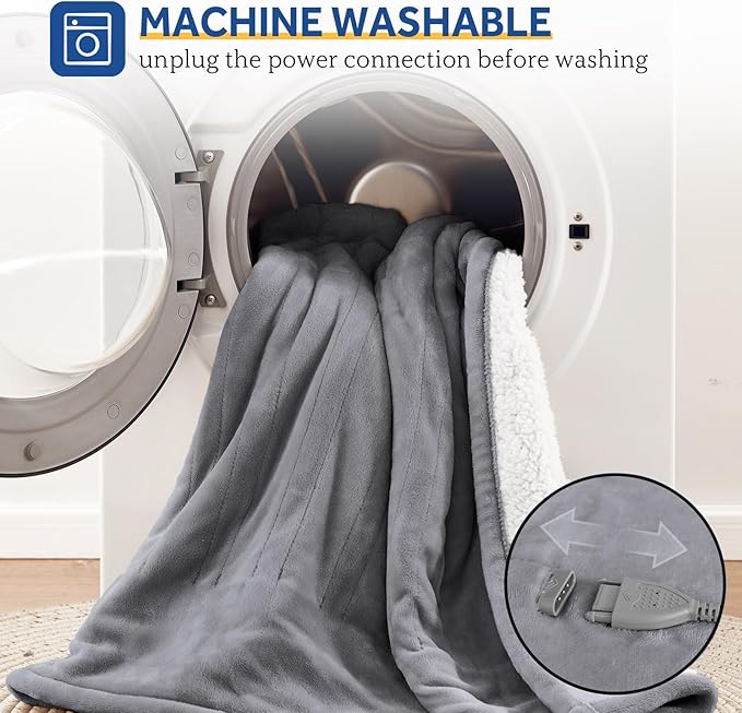 SEALY Electric Blanket Full Size, Heated Blanket Flannel & Sherpa with 10 Heating Levels & 1-12 Hours Auto Shut Off, Fast Heating Warming Blanket, Machine Washable, Light Grey, 80 x 84 Inch