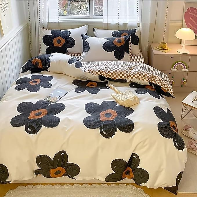 Cottonight Black Sunflower Comforter Set Full Black Beige Floral Bedding Comforter Set Full Big Flowers Cute Quilts Botanical Black White Blankets Elegant Bedding Set for Women Girls Female Teens