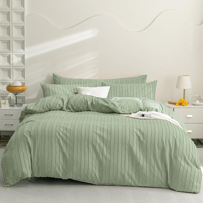 JELLYMONI Duvet Cover Queen Size Light Green - 3PCS Boho Striped Duvet Cover Set Polyester Tufted Bohemian Textured Comforter Cover 90×90in with Corner Ties & Zipper and 2 Pillowcases