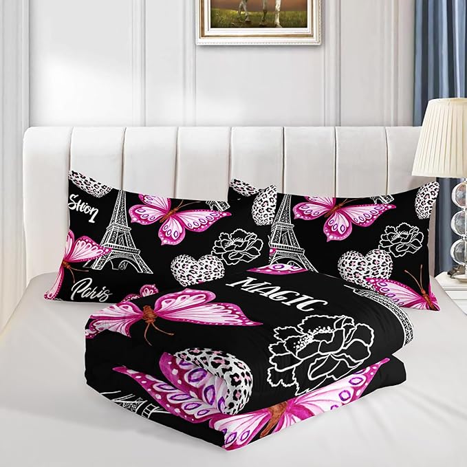 Pink Butterfly Comforter Queen Bedding Sets for Girls, Eiffel Tower Leopard Heart Pattern Bedding Sets with 2 Pillowcases,Aesthetic Bedding for Women Girls Bedroom Paris Decor.