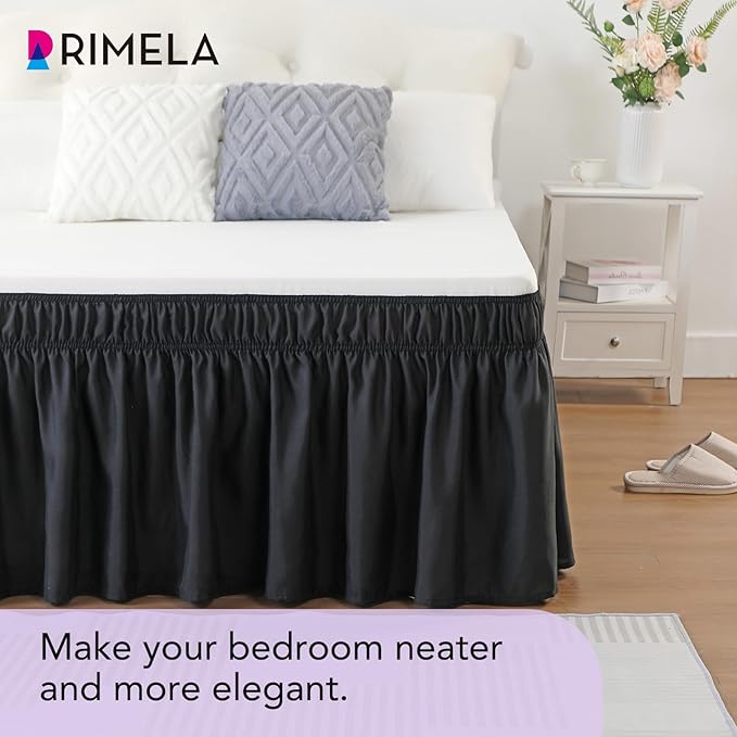 RIMELA Bed Skirting Queen Size Black Bed Skirt 12 Inch Drop, Wrap Around Elastic Adjustable Bedskirt, Dust Ruffle for Bed Frame & Box Spring Soft Durable Fabric Machine Washable Easy to Install