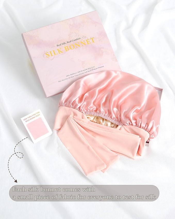 100% Mulberry Silk Bonnet for Sleeping Women Double Layer Silk Hair Bonnet Natural Silk Sleep Cap with Elastic Reversible Hair Wrap (Pink+Beige)