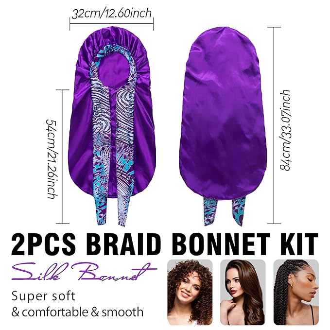 2Pcs Bonnets for Women Sleeping Braid Bonnet, Large Long Satin Silk Bonnet for Braids, Black Women Braid Bonnets with Stretchy Tie Band for Sleeping Extra Long (Black & Purple Pattern)