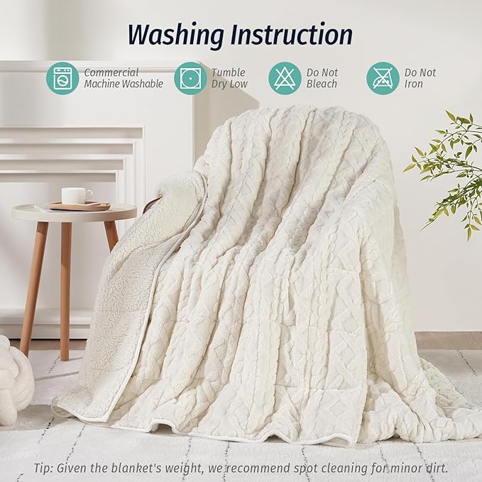 Wemore Weighted Blanket for Adults Twin Size 15 lbs, Dual Sided Soft Fuzzy Jacquard Sherpa Weighted Blankets for Sleeping, Cozy Fluffy Knitted Heavy Blanket for Couch Bed, Cream White, 48 x 72 inches