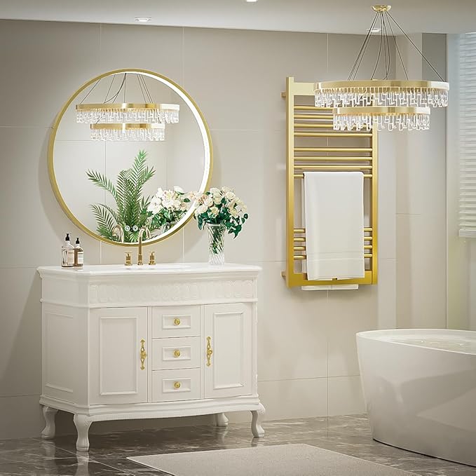 36" Round LED Bathroom Mirror, Dimmable Anti-Fog Vanity Mirror with Touch Control, 6000K Natural Light, Gold Metal Frame, Wall Mounted for Makeup Shaving (IP54, 90+ CRI)