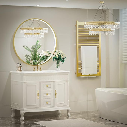 36" Round LED Bathroom Mirror, Dimmable Anti-Fog Vanity Mirror with Touch Control, 6000K Natural Light, Gold Metal Frame, Wall Mounted for Makeup Shaving (IP54, 90+ CRI)