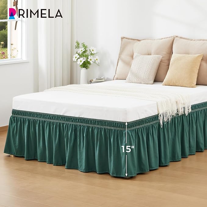 RIMELA Emerald Green Bed Skirt Queen Size 15 Inch Drop, Wrap Around Elastic Bedskirt, Dust Ruffle for Adjustable Bed Base Machine Washable Easy to Install Bed Skirts