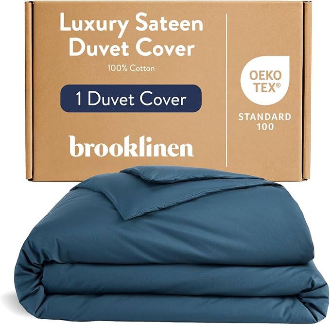 Brooklinen Luxury Sateen Duvet Cover - 100% Cotton, Twin/Twin XL Size in Abyss Blue with Extra-Long Corner Ties and Button Closure - Best Twin/Twin XL Duvet Covers