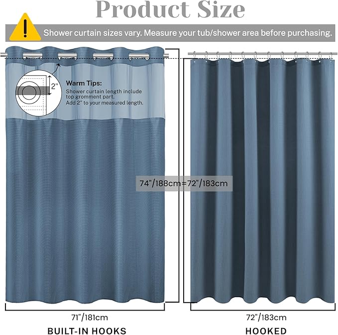 No Hook Shower Curtain with Snap in Liner Set Waffle Shower Curtain for Bathroom Hotel Style Fabric Waterproof Inner Liner，71" W x 74" H, Moonlight Blue