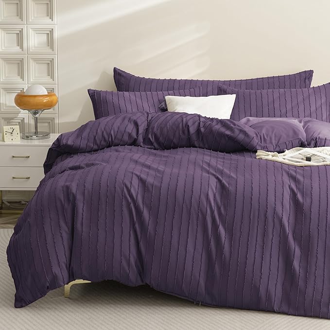JELLYMONI Duvet Cover Twin Size Purple - 3PCS Boho Striped Duvet Cover Set Polyester Tufted Bohemian Textured Comforter Cover 68×90in with Corner Ties & Zipper and 2 Pillowcases