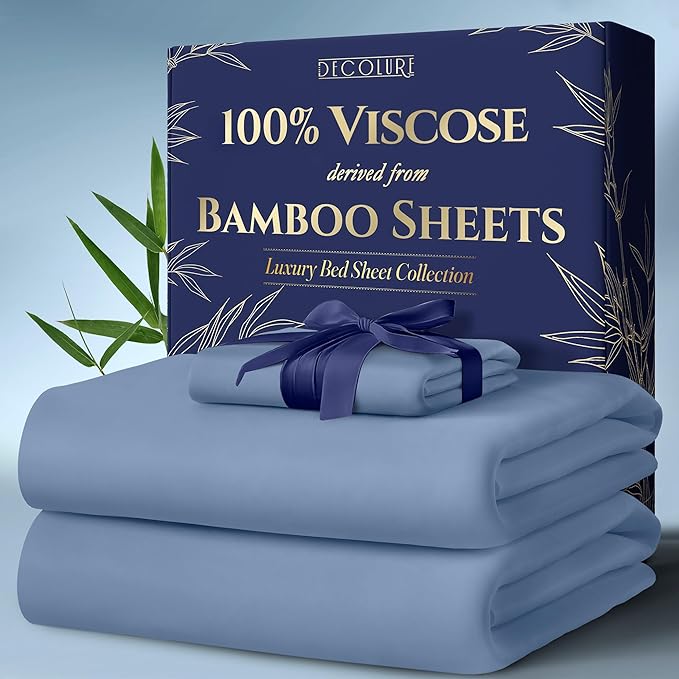DECOLURE 100% Viscose Derived from Bamboo Sheets Twin Size 3pcs - Ultra Soft & Luxuriously Cooling, 17" Deep Pocket, Double Stitching, Perfect for Hot Sleepers - Twin Bed Sheets (Light Blue)