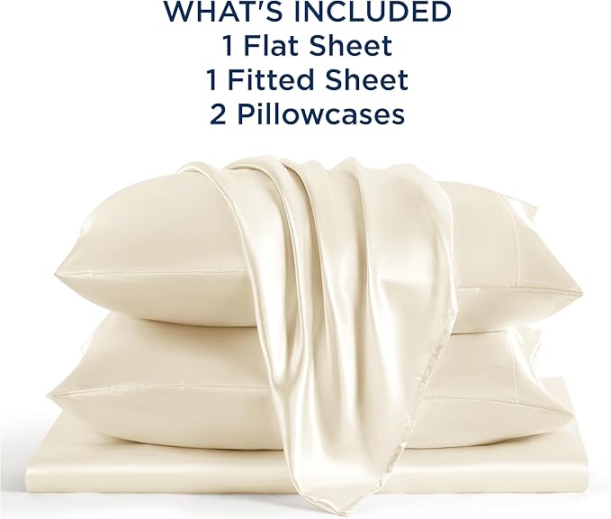 Bedsure Satin Sheets Full Size - 4 Piece Silky Bedsheets with 15 Inches Deep Pocket Fitted Bedsheet,1 Flat Sheet, 2 Satin Pillowcases, Good for Hair & Skin (Full, Cream)