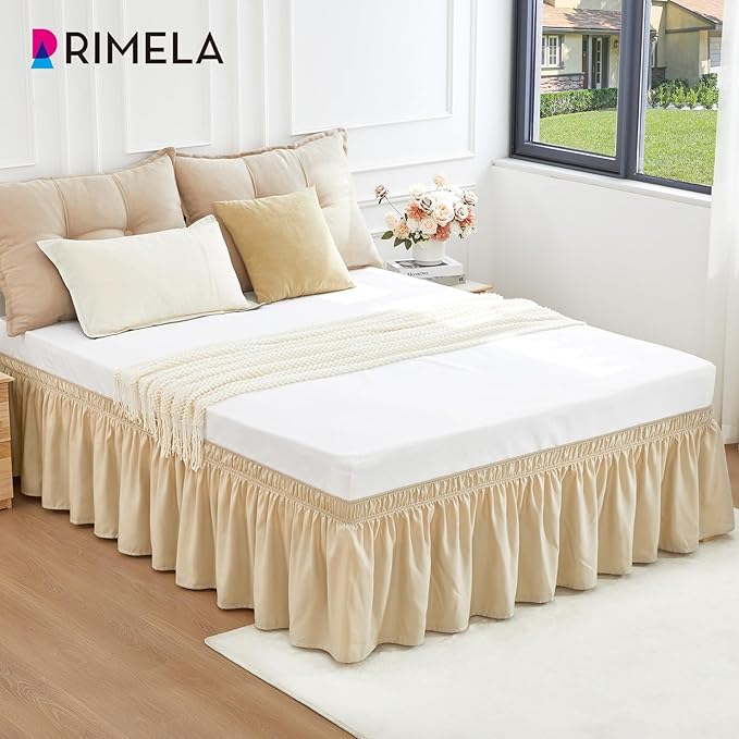 RIMELA Oatmeal Bed Skirting Queen Size Bed Skirt 15 Inch Drop, Wrap Around Elastic Adjustable Bedskirt, Dust Ruffle for Bed Frame & Box Spring Soft Durable Fabric Machine Washable Easy to Install