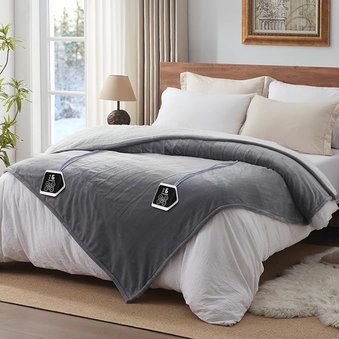 Westinghouse Heated Blanket King Size, Soft Flannel to Sherpa Electric Blanket with 10 Heating Levels, 12 Hours Auto Off, Fast Heating, Machine Washable, 100 * 90, Light Grey