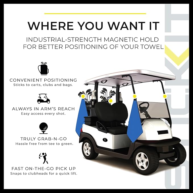 STICKIT Magnetic Golf Towel, Royal Blue, Premium 29" Microfiber with Deep Waffle Pockets, Industrial Strength Magnet Holds Secure to Golf Carts & Clubs, Ultra-Absorbent, Fast-Drying, Easy-Clean Design