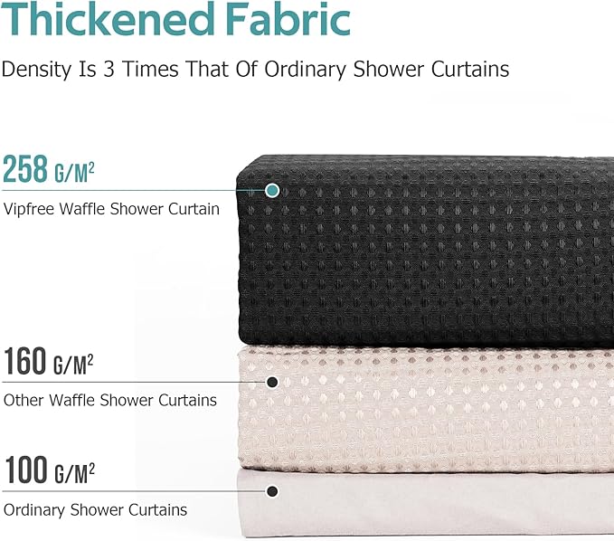 3 in 1 Shower Curtain Set, Waffle Shower Curtain and Liner Set with 6 Double Sided Shower Curtain Hooks, 258GSM Luxury Weighted Cloth Shower Curtains for Bathroom, 36 W x 72 H, Black