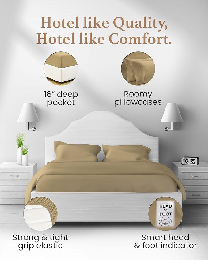 Good Sleep Bedding Split King Sheets Sets for Adjustable Bed Cotton, Luxury Sheets, Egyptian Cotton, 5 Piece 100% Cotton Split King Sheet Set, Sateen Weave, 2 Fitted - 16" Deep Pocket, Taupe