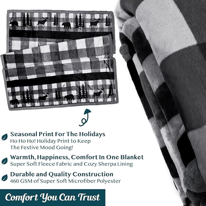 Pavilia Winter Cabin Sherpa Blanket Throw Twin | Flannel Fleece Christmas Plaid Holiday Blanket Gift | Plush, Soft, Warm, Cozy, Reversible Microfiber Throw 60x80 (Grey)
