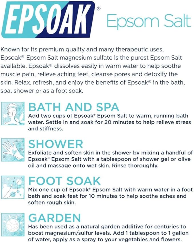 Epsoak Epsom Salt – 10 lb (Two 5 lb Resealable Bags), Magnesium Sulfate USP, Unscented, Made in USA, Perfect for Bath, Spa, and Soaking