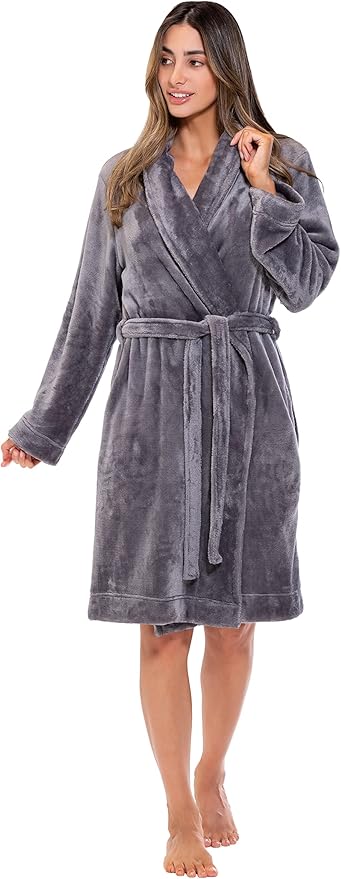 Turquaz Robes For Women, Womens Fleece Shawl Collar Soft Plush Knee Length Spa Robe