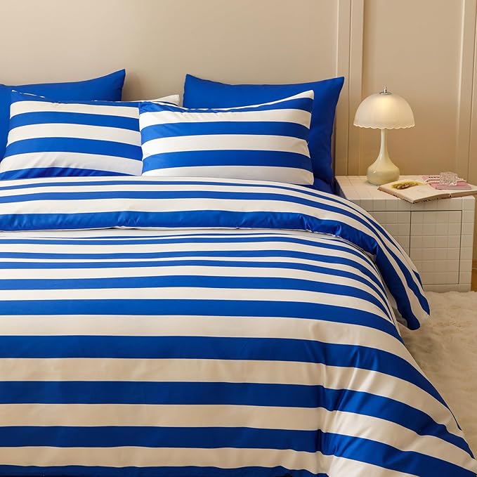 KAREVER Royal Blue White Stripes Comforter Set Twin Size Royal Blue White Stripes Bedding Set 3 PCs Comforter Set Twin Size Fluffy Linen Comforter Sets