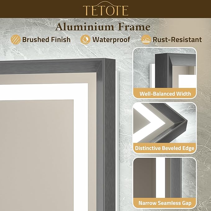 TETOTE 42 x 36 Bathroom LED Mirror Brushed Gunmetal Gray Frame Frontlit & Backlit Vanity Mirror Anti-Fog Stepless Dimmable 3 Colors White/Warm/Natural Wall-Mounted
