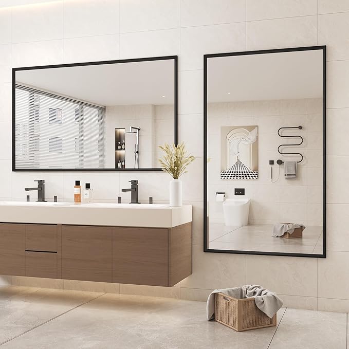 Rectangle Bathroom Mirror 60x36 Inch, Matte Black Framed, 4MM Tempered Glass, Anti-Rust, Wall-Mount Vanity Mirror for Bathroom & Bedroom, Hangs Horizontally or Vertically
