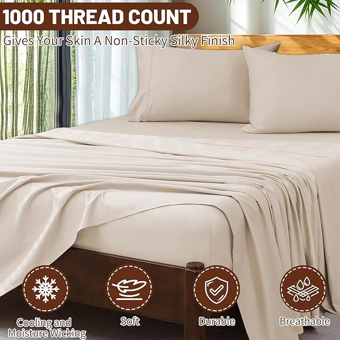Extra Deep Pocket Queen Sheets 18-24 Inch 1000 Thread Count 100% Egyptian Cotton Sateen Weave Soft Breathable 4 Pieces（Queen,Linen）