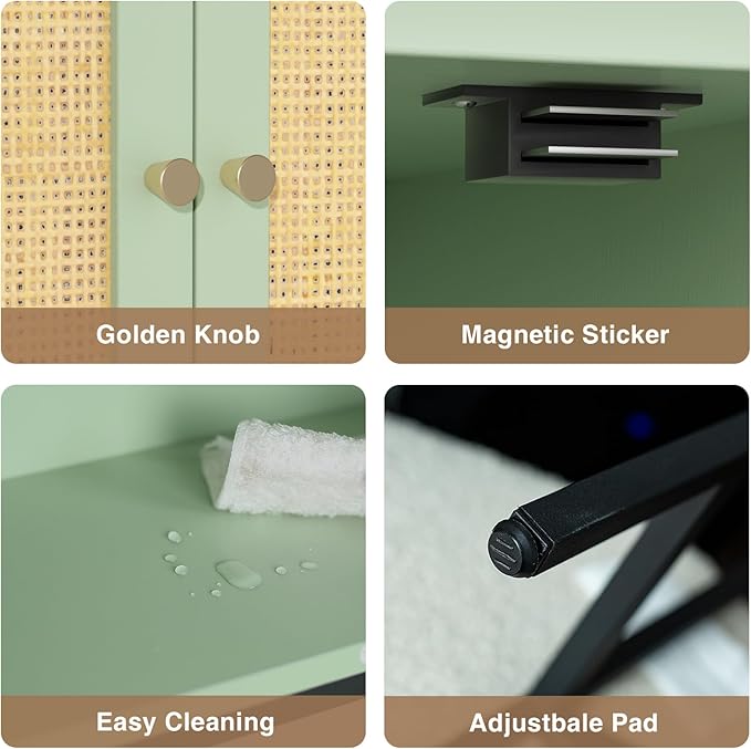 Rattan Over The Toilet Storage Cabinet, Bathroom Organizers and Storage Over Toilet with Rattan Door and Metal Stand, Tall Storage Shelves Above Toilet, Wood Rack for Restroom, Laundry, Foam Green