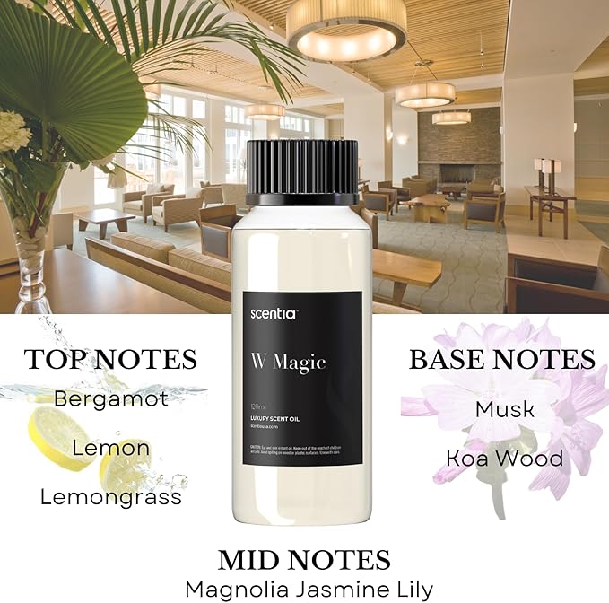 Scentia W Magic Hotel Diffuser Oil - 120 mL 4.06 fl oz - Aromatherapy Fragrance Inspired by 5-Star Hotels - Thanksgiving & Holiday Gift | Notes of Bergamot, Lemongrass, Jasmine