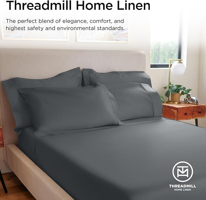 Threadmill 100% Cotton Sheets for King Size Bed - 600 Thread Count King Bed Sheets Set with 16” Deep Pocket - Sateen Weave 4-Piece Bedding Set with Cooling Effect, Dark Grey